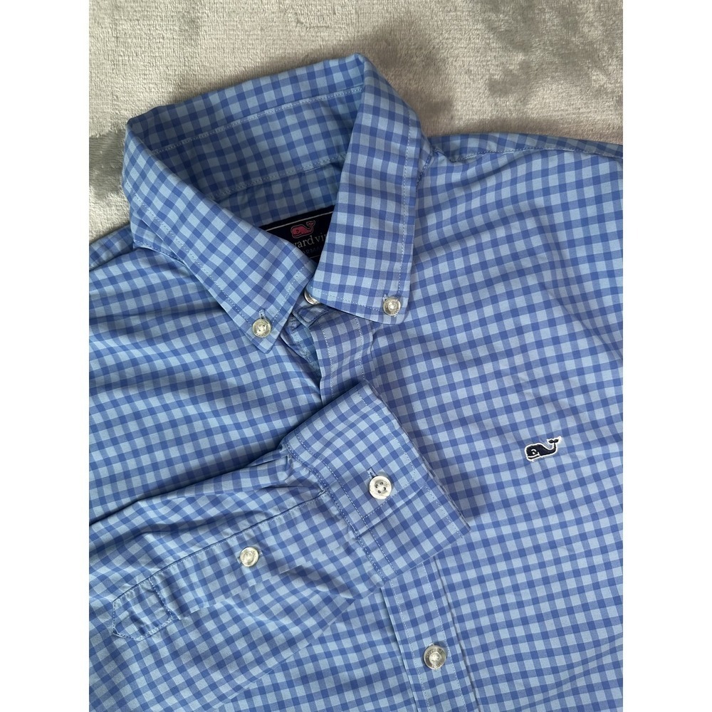 Vineyard Vines Shirt Boys Large  16 Gingham Performance Nylon Long Sleeve Whale